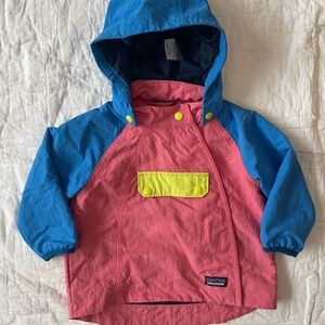 Patagonia Pink and Blue Hooded Jacket with Yellow Accents